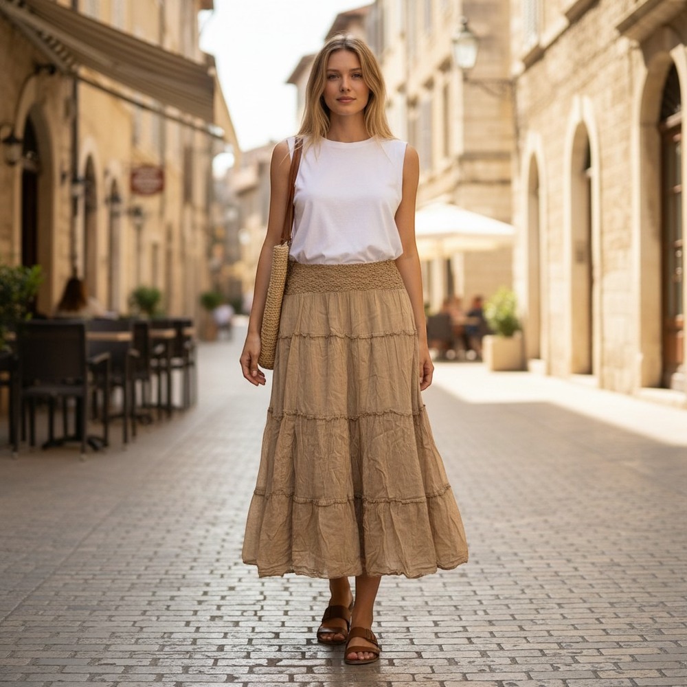 Y2K Boho Tan Cotton Tiered Maxi Skirt Large Festival Peasant Cottage Vacation